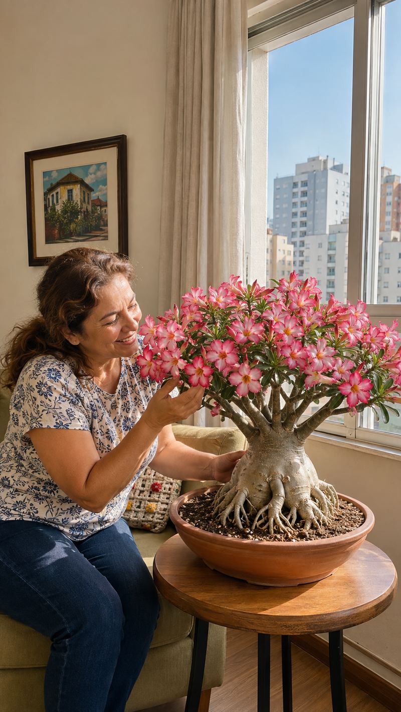 Mulher sorrindo ao lado de uma Rosa do Deserto em plena floração